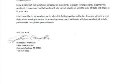 Reference Letter from Wes Cox, R.Ph. Director of Pharmacy Pikes Peak Hospice